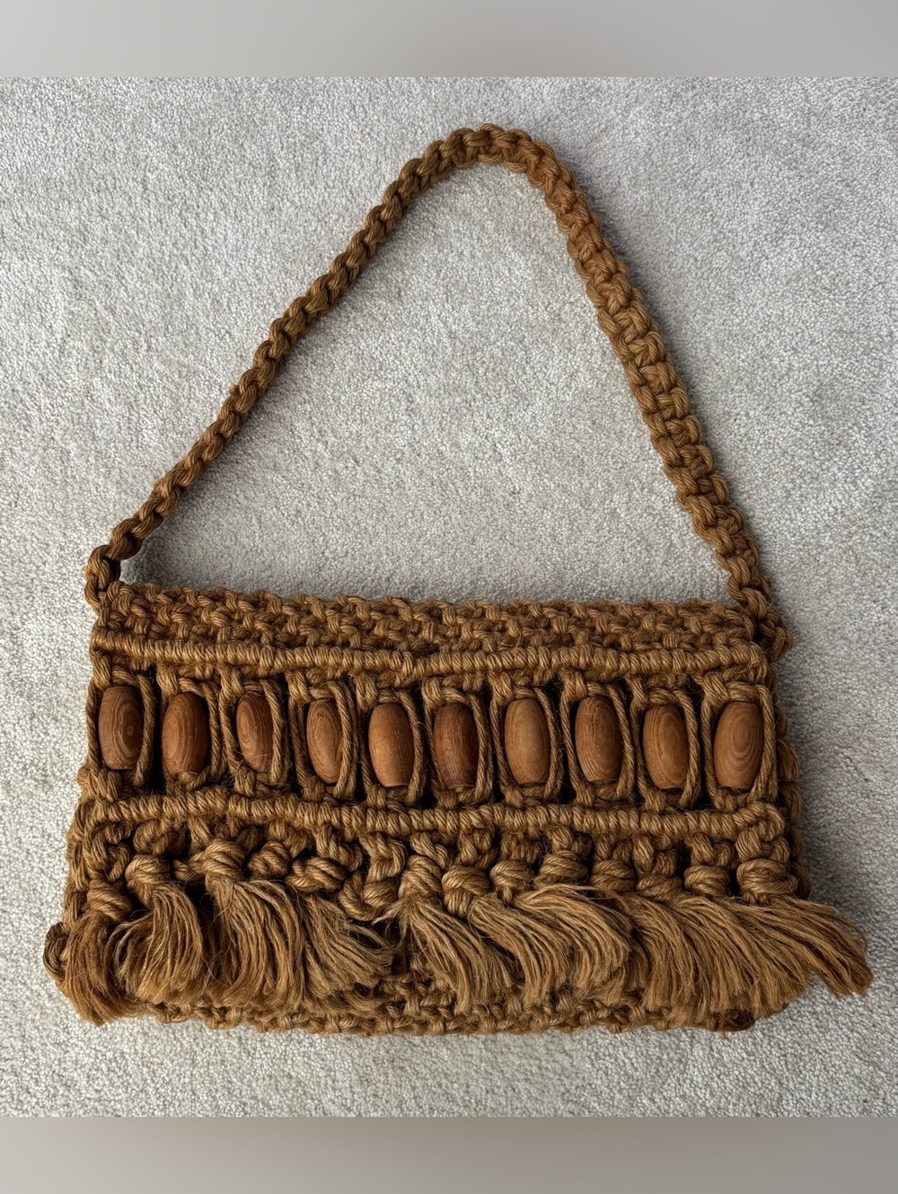 Handcrafted Brown Macramé Shoulder Bag with Large Wooden Bead Accent